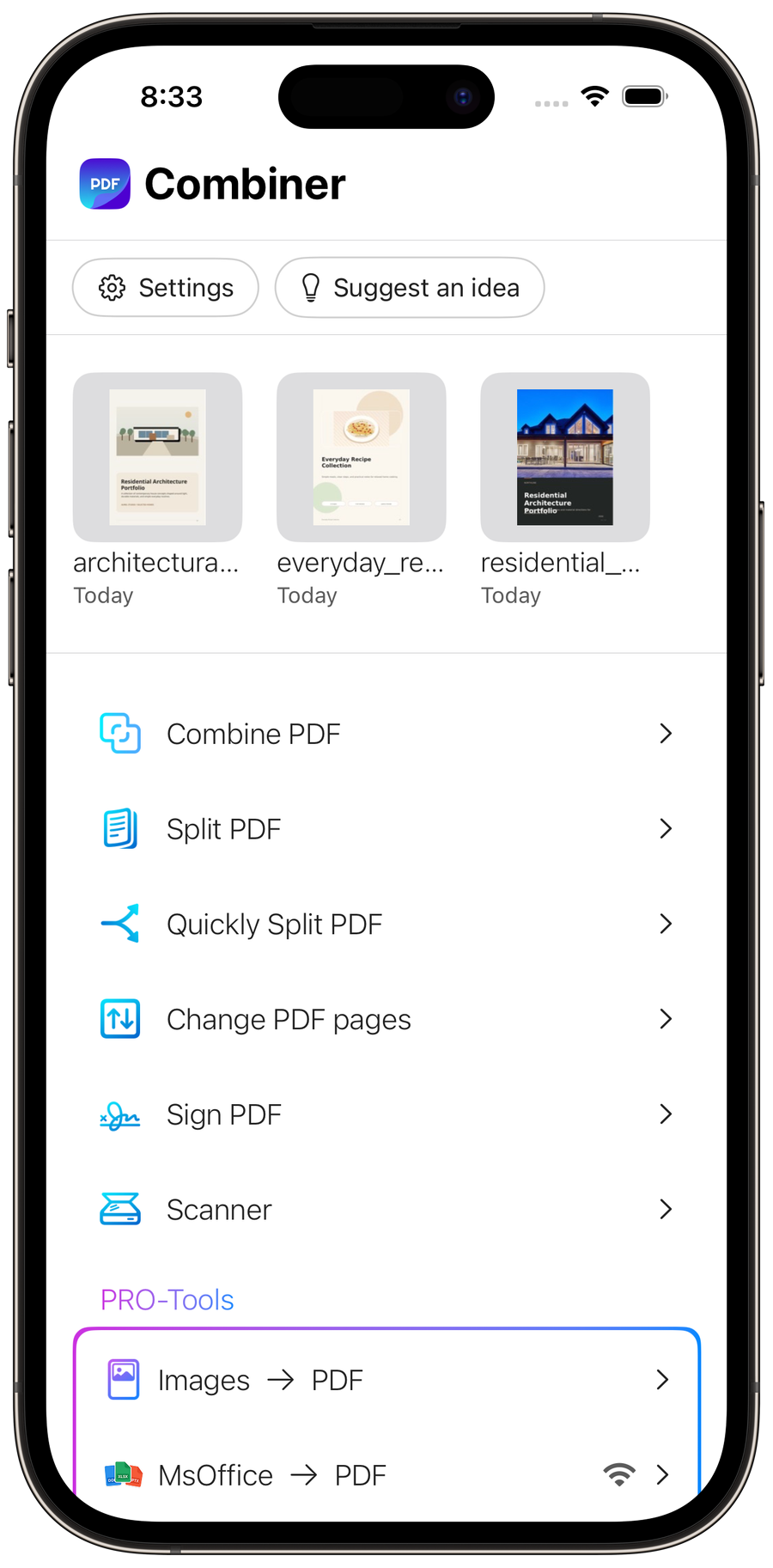 PDF Combiner running on iPhone
